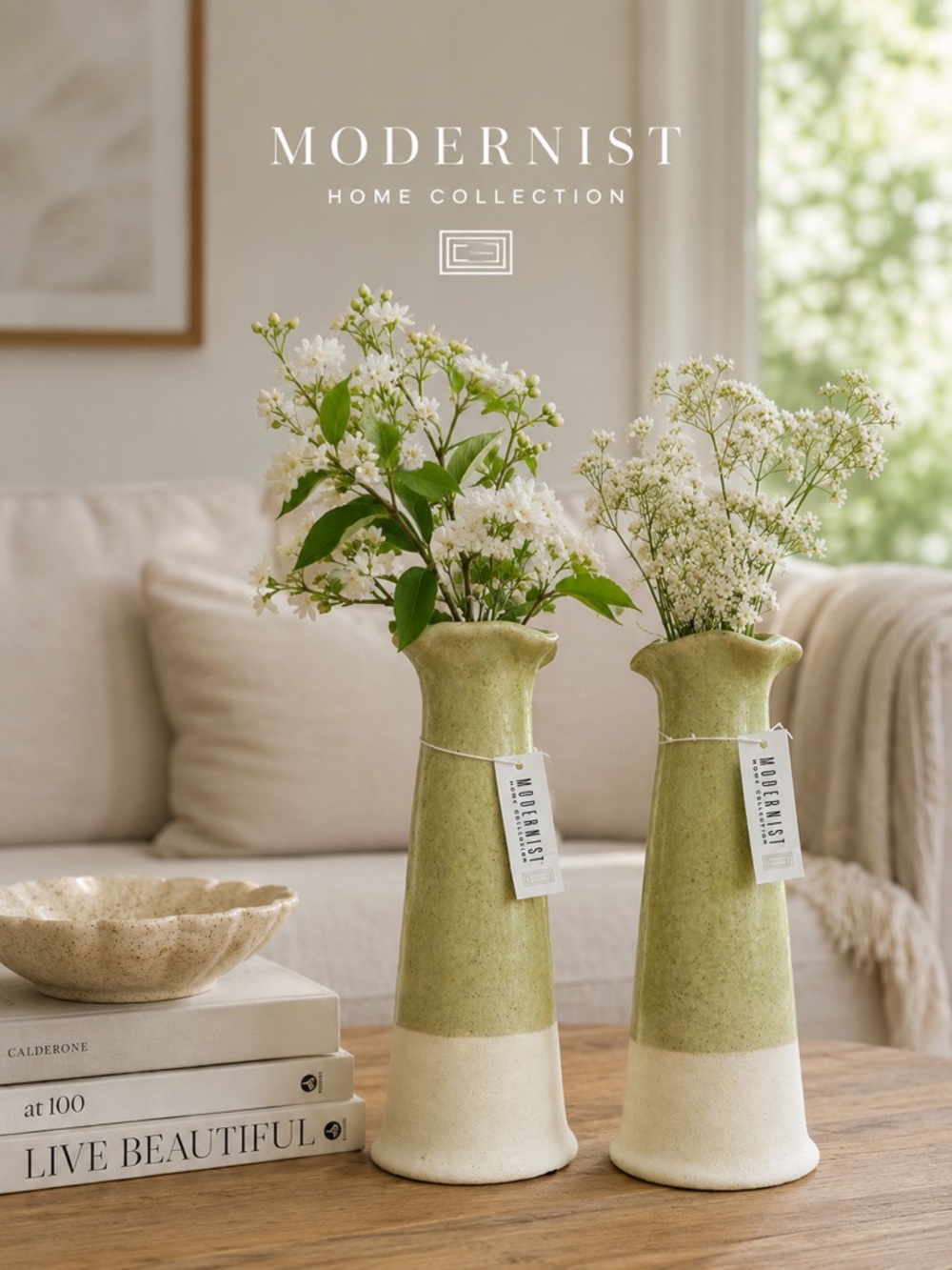 Modernist Two-Tone Green & Cream Ceramic Vases - NWT